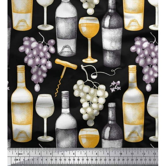 Soimoi Cotton Duck Fabric Grapes,Wine Glass & Bottle Print Fabric by the Yard 42 Inch Wide