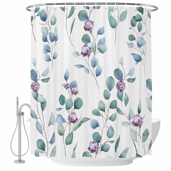 Eucalyptus Leaves Fabric Shower Curtain Purple Flower Washable Shower Curtains for Bathroom, Waterproof Bath Curtain with Hooks Home Decor 72x72in