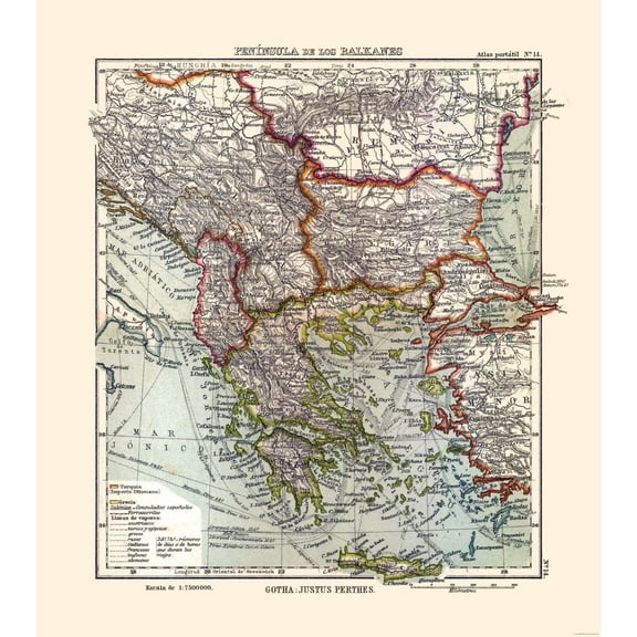Historic Map - Balkan Peninsula - Perthes 1921 - 23 x 25.95 - Vintage Wall Art