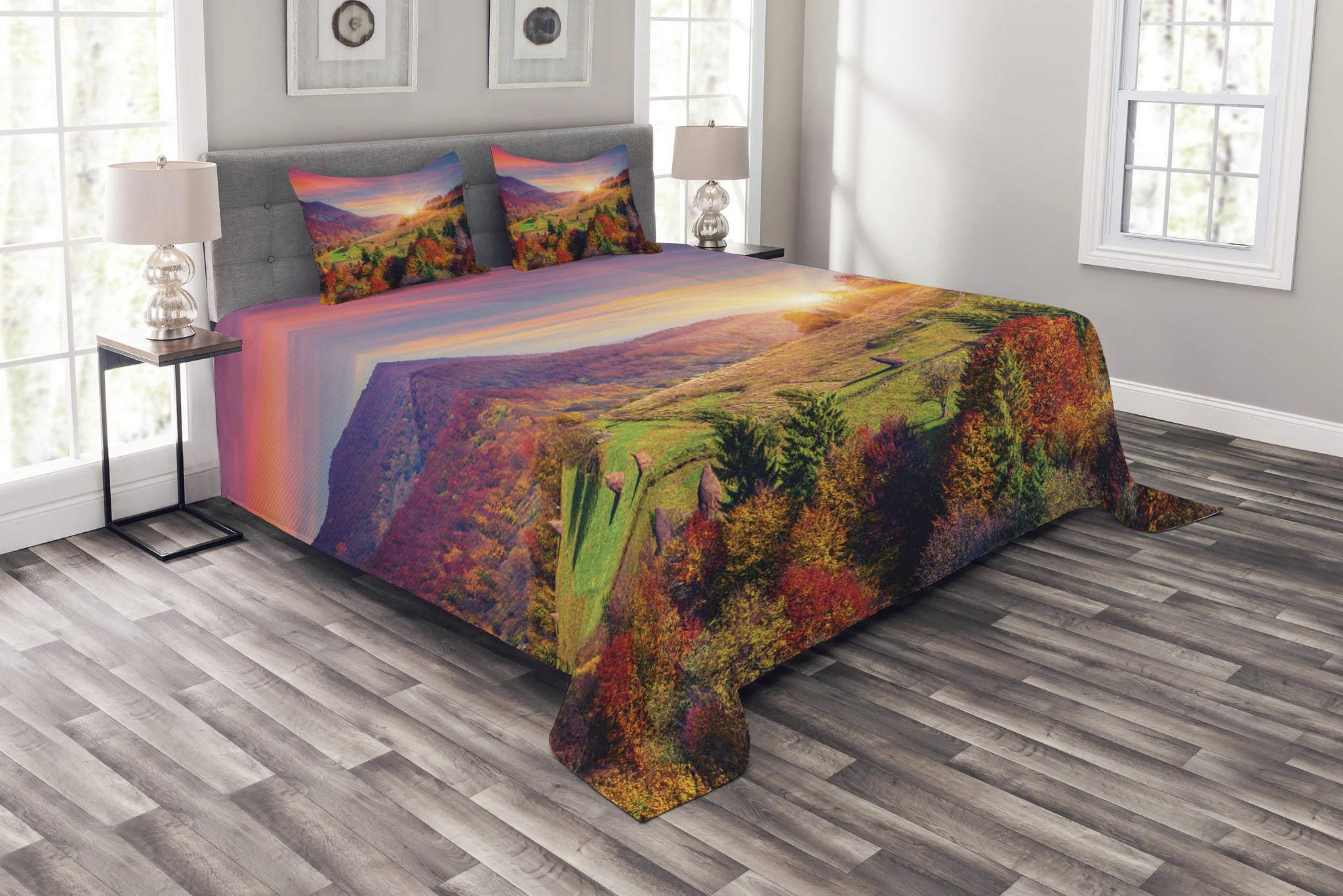 Nature Bedspread Set, Pastoral Autumn Morning in Mountain Village Fall