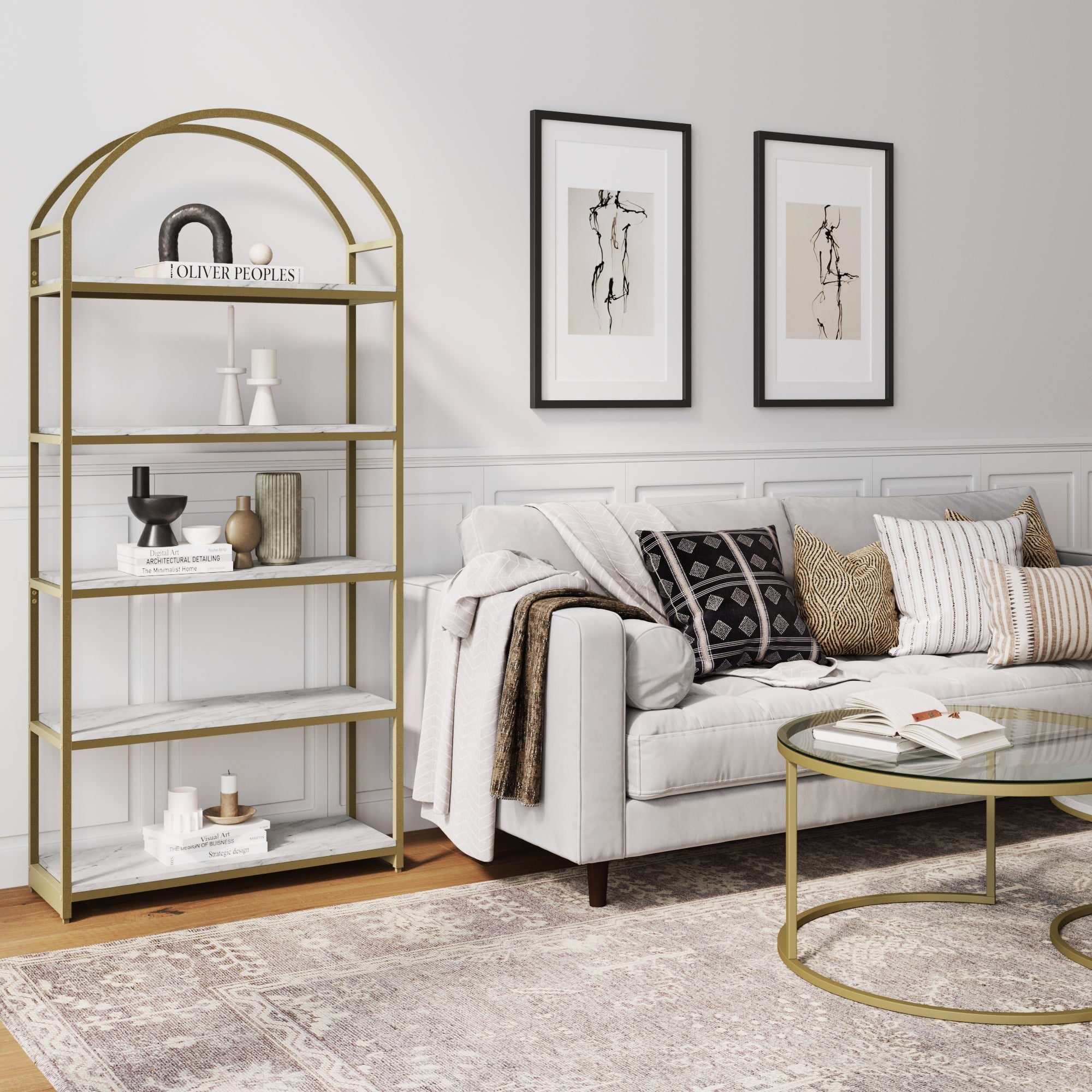 Nathan James Haven Etagere Bookshelf, 5-Shelf Faux Marble Bookcase in White Faux Marble Finish and Gold Metal Frame with Arch Top and Open Shelves, White/Gold