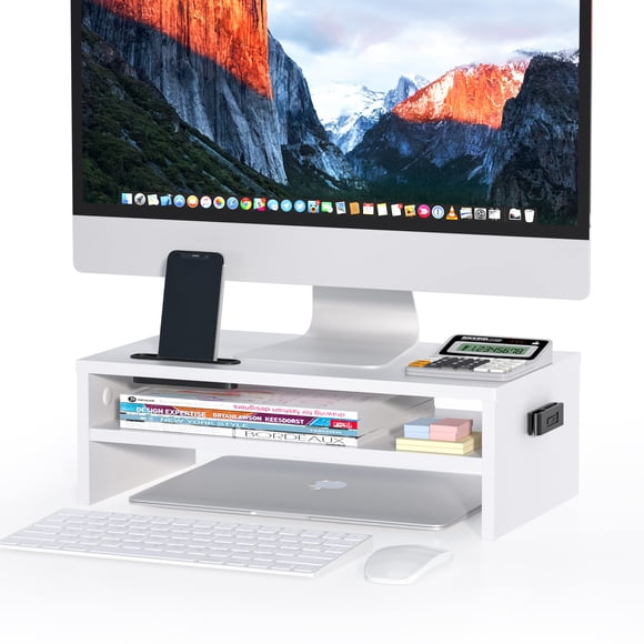 Soporte para monitor BONTEC, madera de 2 niveles, blanco, con almacenamiento