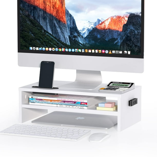 Soporte para monitor BONTEC, madera de 2 niveles, blanco, con almacenamiento