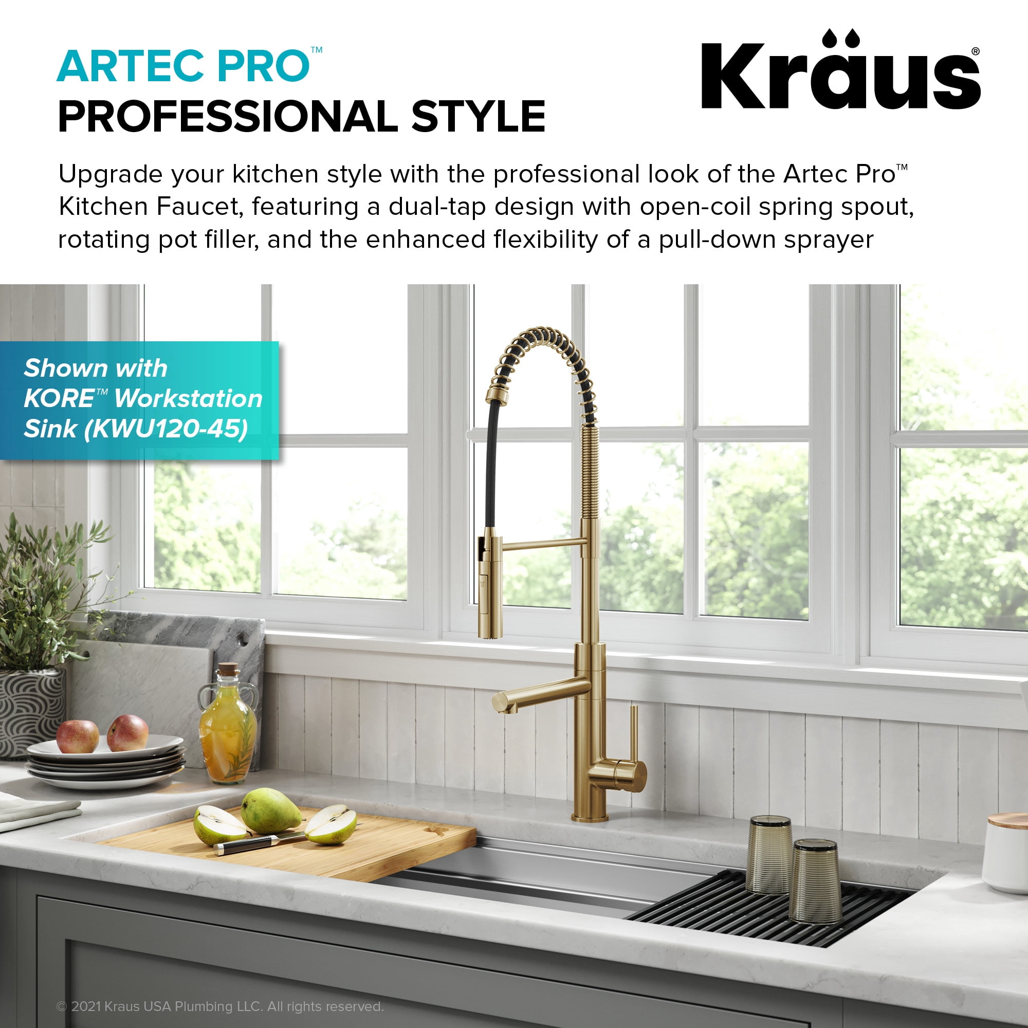 Kraus Artec Pro Commercial Style Pull-Down Single Handle Kitchen Faucet with Pot Filler in Brushed Brass
