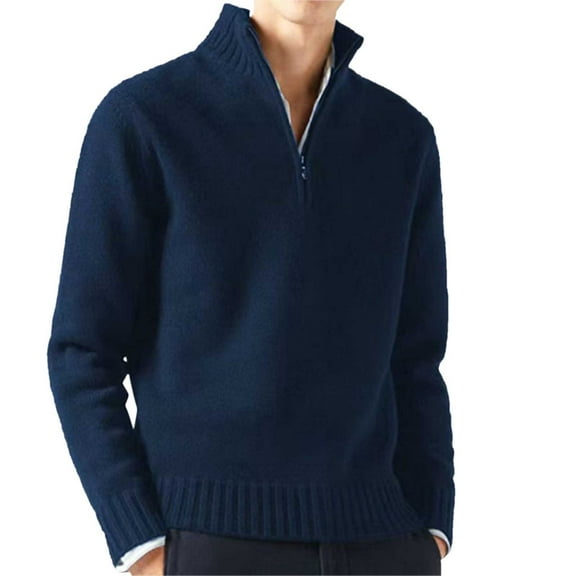 JTieacloth Loose Fit Cardigan Sweaters Male Casual Simple Bottom Sweater Solid Color Warm Wool Knit Half Zip Long Sleeve Sweater(Blue)