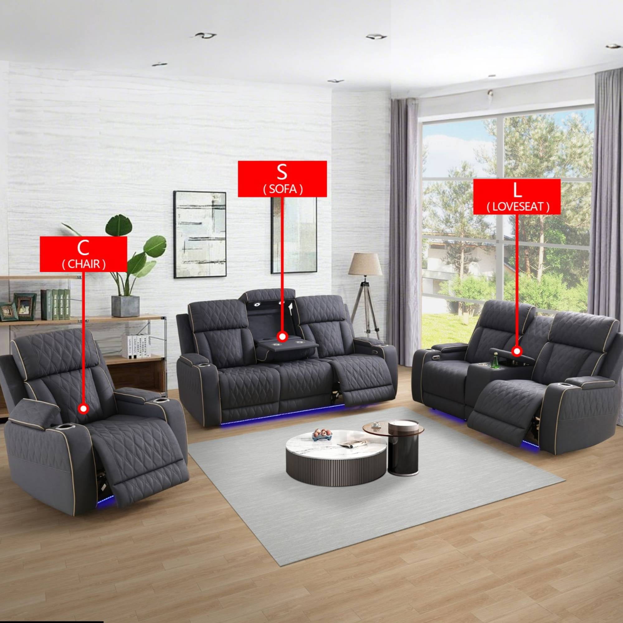 Overstuffed Recliner Sets, Power Leather Recliner Chair with LED Light, Reclining Sofa for Living Room, Black