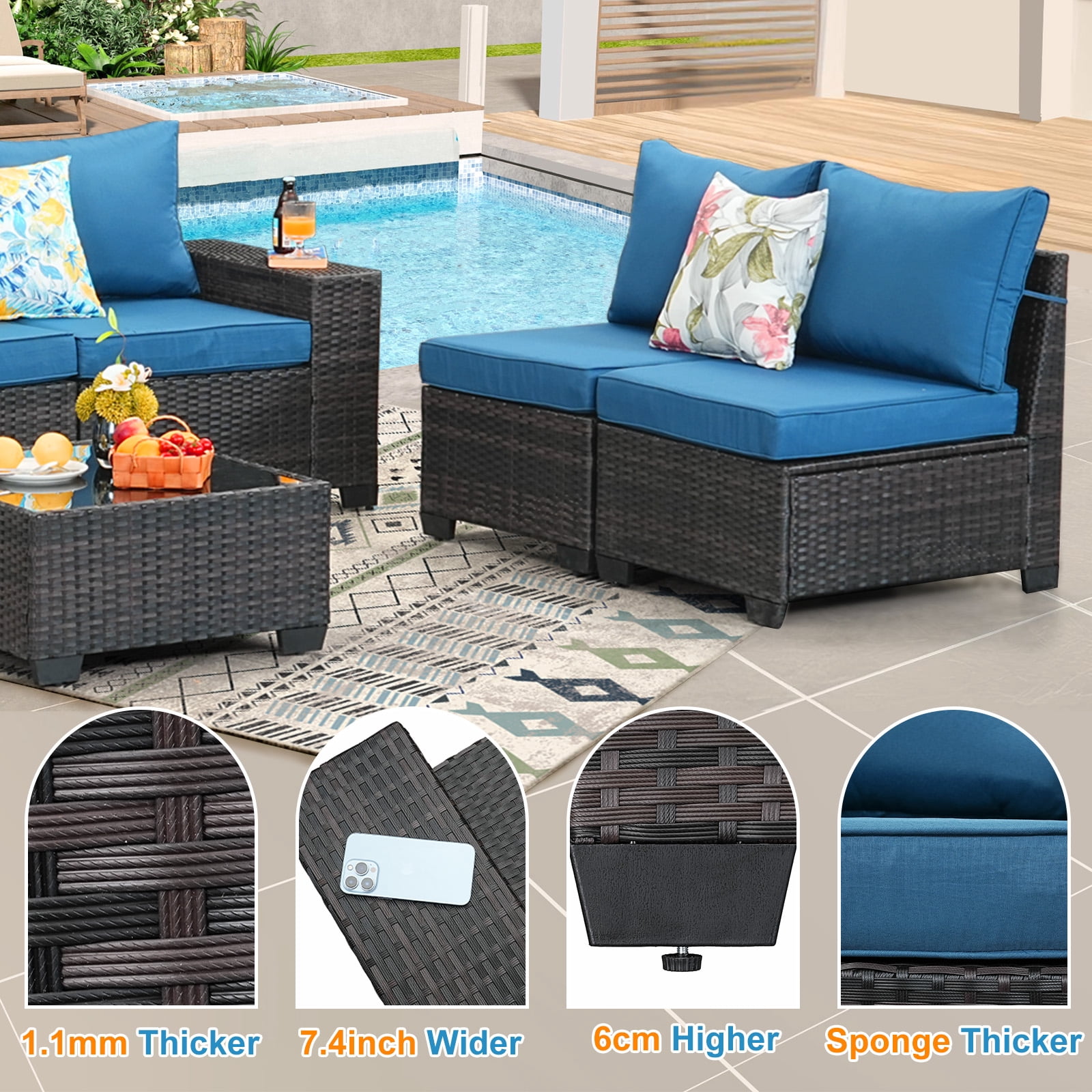 TerraRelax 6 Pieces Patio Furniture set All-Weather Outdoor Wicker Sectional Conversation Sofa Rattan patio seating sofa with cushion and Glass Table and Ottoman for Porch Poolside,Peacock