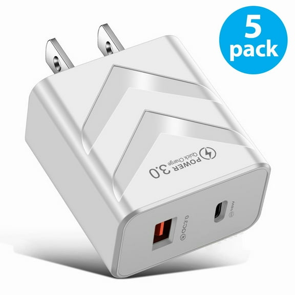 USB C Wall Charger, 5-Pack USB Type C Fast Power Charging Block Dual Port USB A & USB C Plug Adapter Compatible with iPhone, iPad, Samsung Galaxy, LG, Google Pixel, Moto, USB-C Port (White)