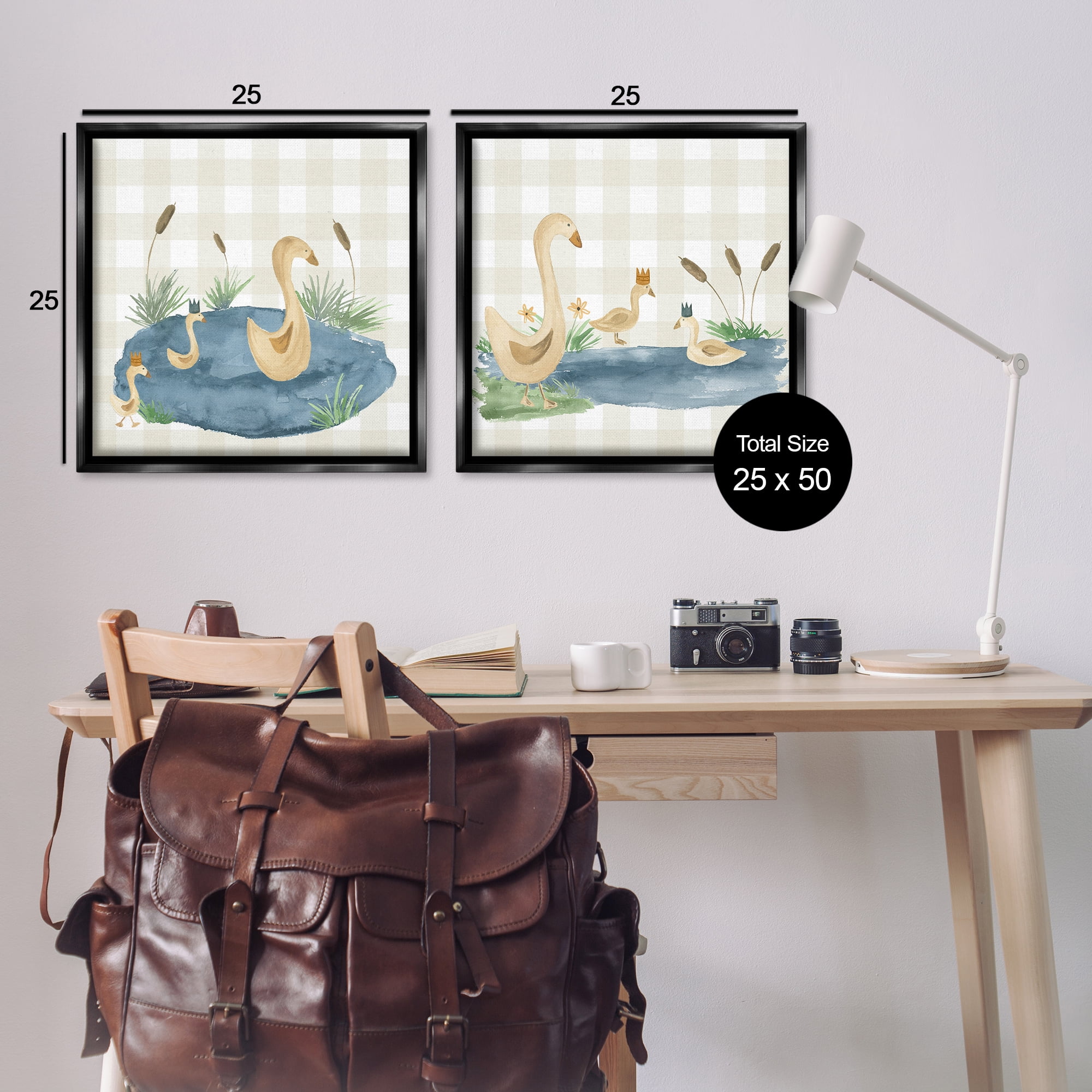 Stupell Industries Swan Family in Pond Landscape & Nature Painting Black Floater Framed Canvas Art Print Wall Art, 25 x 25, Set of 2