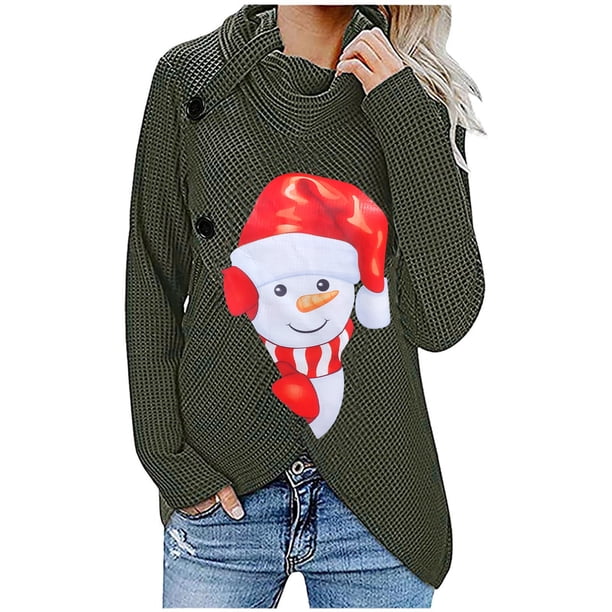 Blusa de manga larga con cuello alto y botones con estampado navideño para mujer Fridja FKASFK830