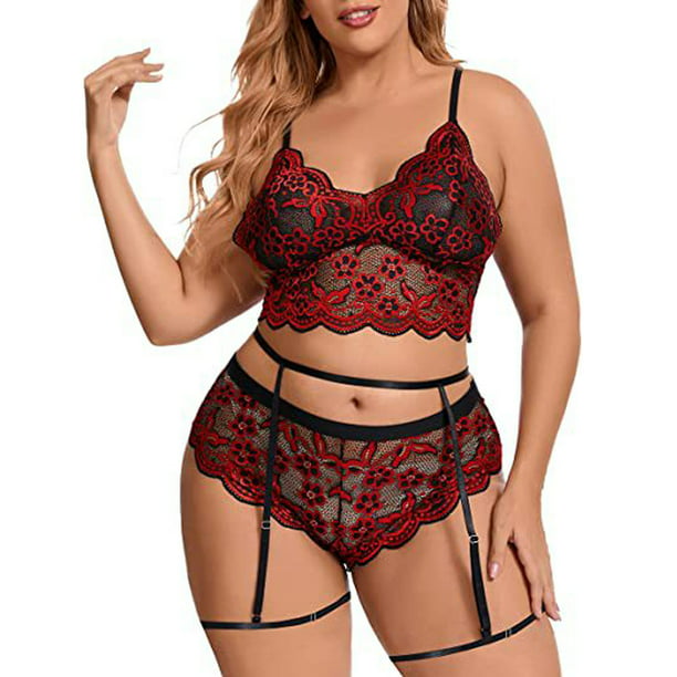 XZNGL Plus Size Sexy Women Lace Hollow Out Babydoll Underwear Sleepwear  Intimates Thong With Garter Panty Lingerie Set 