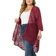 thumbnail image 4 of Agnes Orinda Women's Plus Size Lace Floral 3/4 Sleeve Sheer Casual Nylon Cardigans 1X Burgundy, 4 of 6