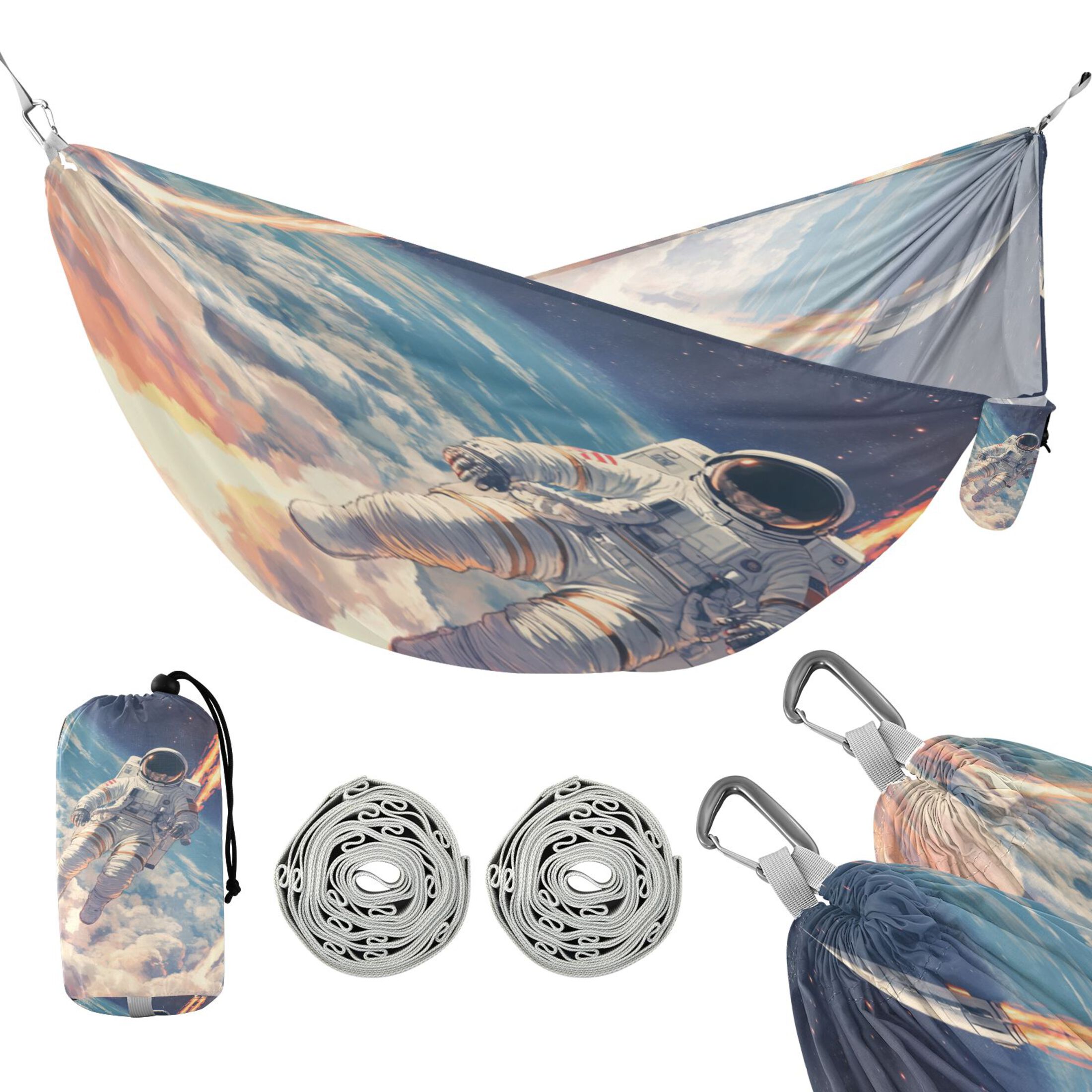 Wobogo Astronauts Fly Into Space Camping Hammocks 330 lb Capacity with Tree Straps and Hanging Pockets for Outside Hiking Beach Backpack Travel