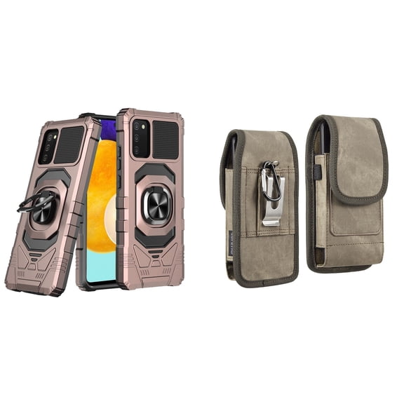 Case with Belt Holster Bundle for Samsung Galaxy A03s: Heavy Duty Series Protection Cover (Rose Gold) and Vertical Rugged Denim Nylon Phone Pouch (Brown)