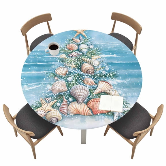 Summer Beach Round Fitted Tablecloth with Elastic Edge Ocean Wave Marine Life Starfish Shell Tree Table Cover Fit for 55"-60" Tables Waterproof Tablecloths for Dinner Camping Picnic