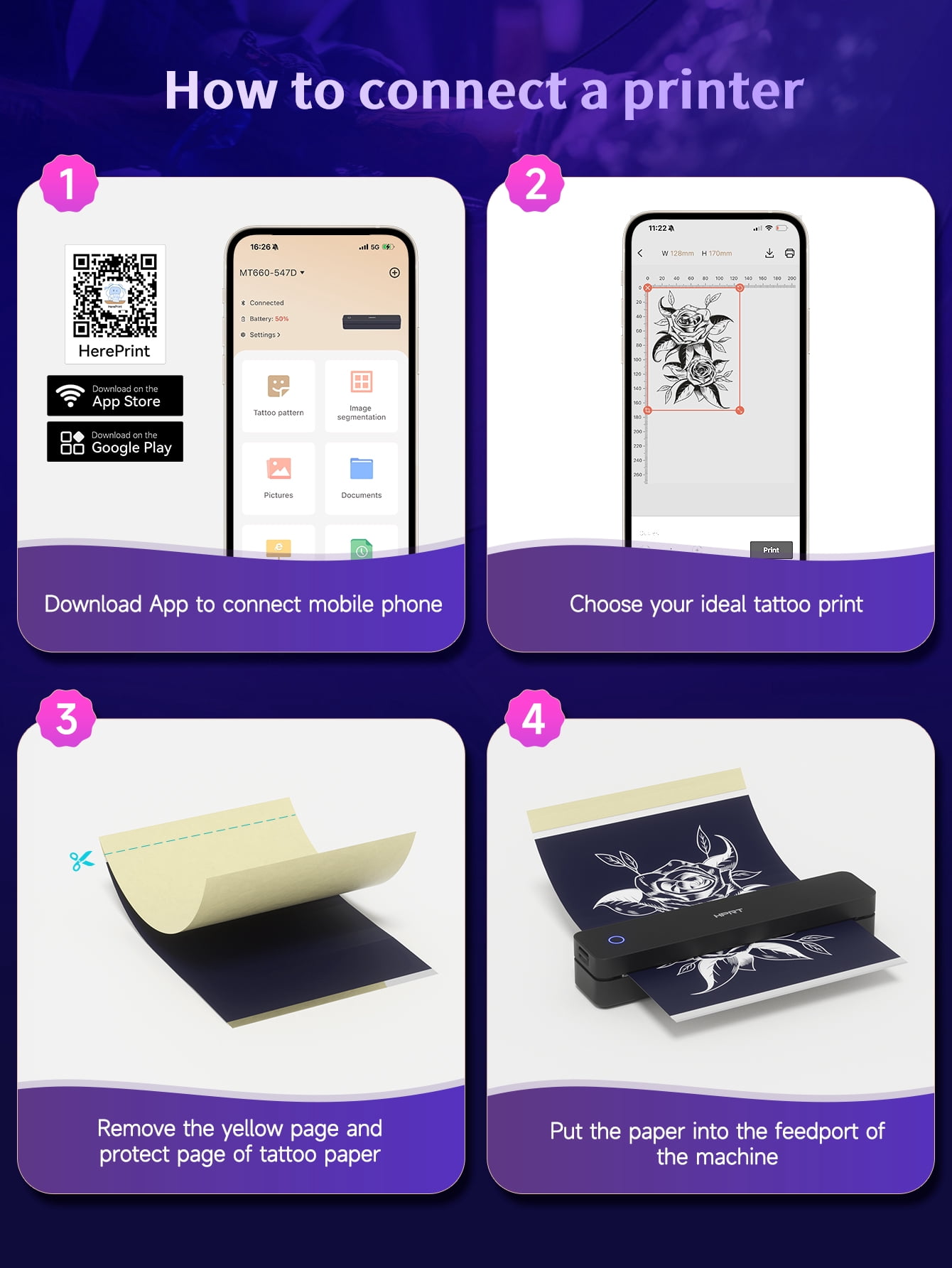 MT660 Wireless Tattoo Stencil Printer, Portable Thermal Transfer Machine with Bluetooth & USB, 10Pcs Stencil Paper Included, Compatible with iPhone/Android/PC, Black