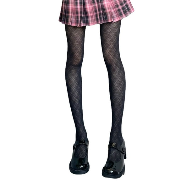 JUNTEX Women Lolita Thin Black Pantyhose Harajuku Punk Diamond Check Plaid Sheer Tights