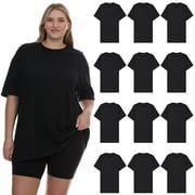 SOCKS'NBULK 12 Pack Womens Oversized Cotton T-Shirts, Crew Neck Short Sleeve Baggy Loose Tops Oversize Tees Color Black, Size 2X-Large
