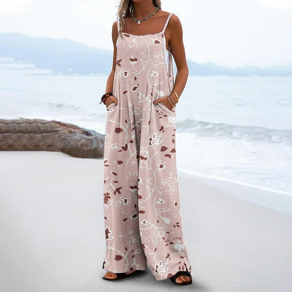 Casual Loose Jumpsuits For Women Trendy Printed Sleeveless Wide Leg Long Pant Rompers With Pockets Beige M
