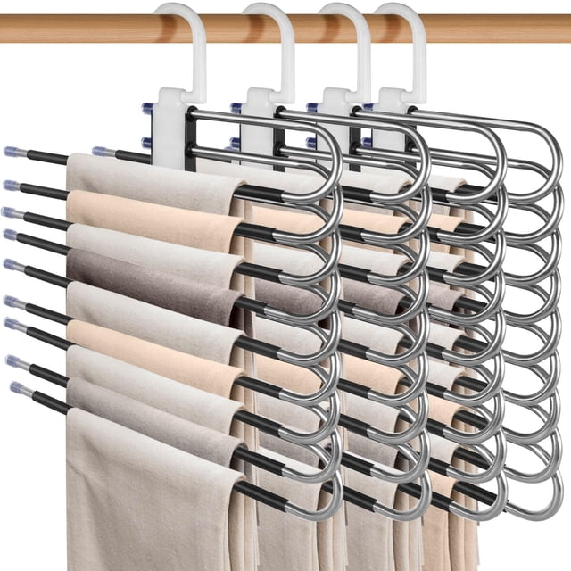 4PCS Perchas Ganchos para Pantalones Ropa De 9 Niveles De Acero Inoxidable Multifuncional Perchas Plegables Antideslizantes Ahorro De Espacio Organizadores De Almacenamiento para Faldas Pantalones