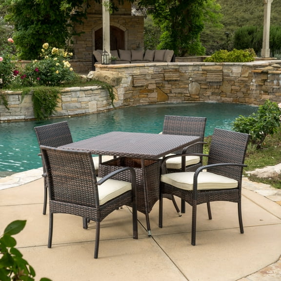 Rosario 5 Piece Outdoor Square Wicker Dining Set, Multibrown