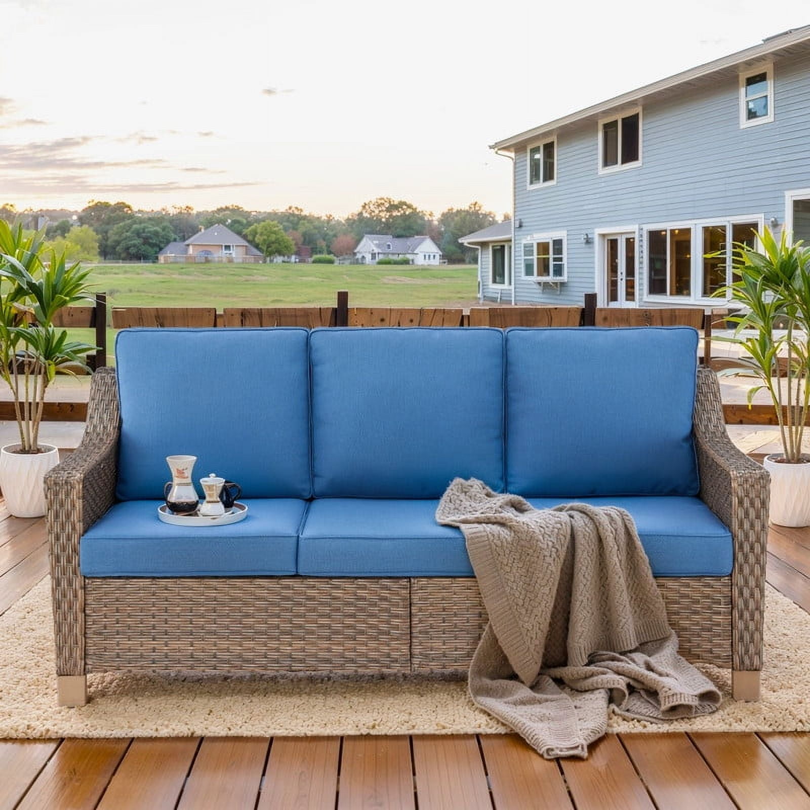 PARKWELL 9 Pieces Outdoor Patio Furniture Set 9-Seat High Back Wicker Conversation Set with Swivel Glider Chairs,Brown Wicker Navy Cushion