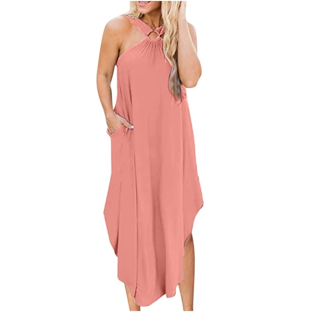 Vestido liso de verano para mujer, informal, sin mangas, cuello redondo, halter, dobladillo irregular Fridja hj2984
