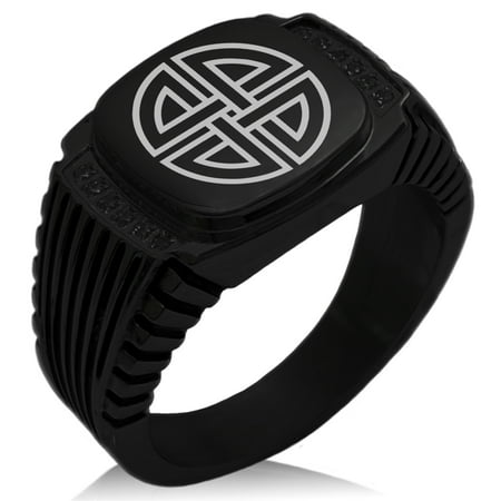 Power Rune Ring - Stainless Steel Shield Knot Viking Norse Rune CZ Ribbed Needle Stripe Pattern Biker Style Polished Ring