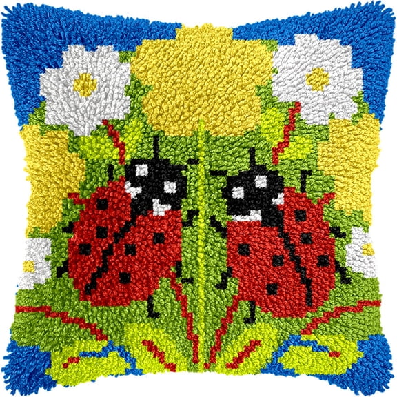 Latch Hook Kits For Kids Adults Ladybugs And Flowers Diy Rug Tapestry Kits With Printed Canvas Embroidery Festival S Home Decoration 17Inch X 17Inch