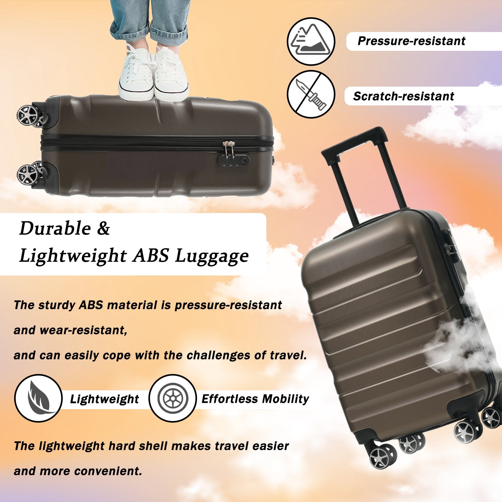 Hardshell ABS Luggage Set, 24-Inch Checked Suitcase with Spinner Wheels, Lightweight Travel Luggage with 2 Packing Cubes for Men & Women
