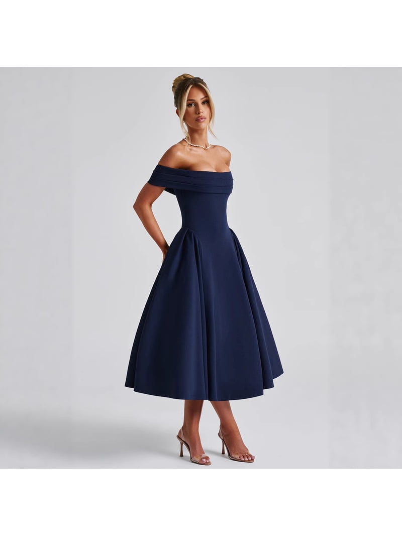 off the shoulder fit and flare midi dress Women's Fit and Flare Off-Shoulder Foam Synthetic Midi Dress S/M/L Blue/White MEAN BLVD White / M