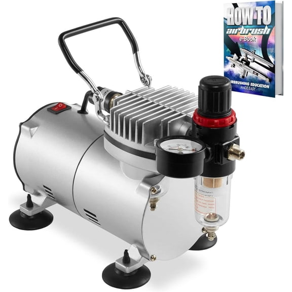 CSPP 1/5 HP Airbrush Compressor with Regulator, Gauge and Water Trap - Quiet Portable Air Pump Silver