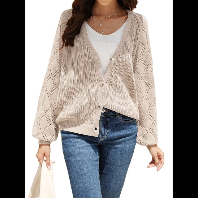 Suéter de Cuello en V para Mujer, Cárdigan Informal de Punto Acanalado, Holgado, con Mangas Abotonadas y Tejido de Punto Suave. Albaricoque L