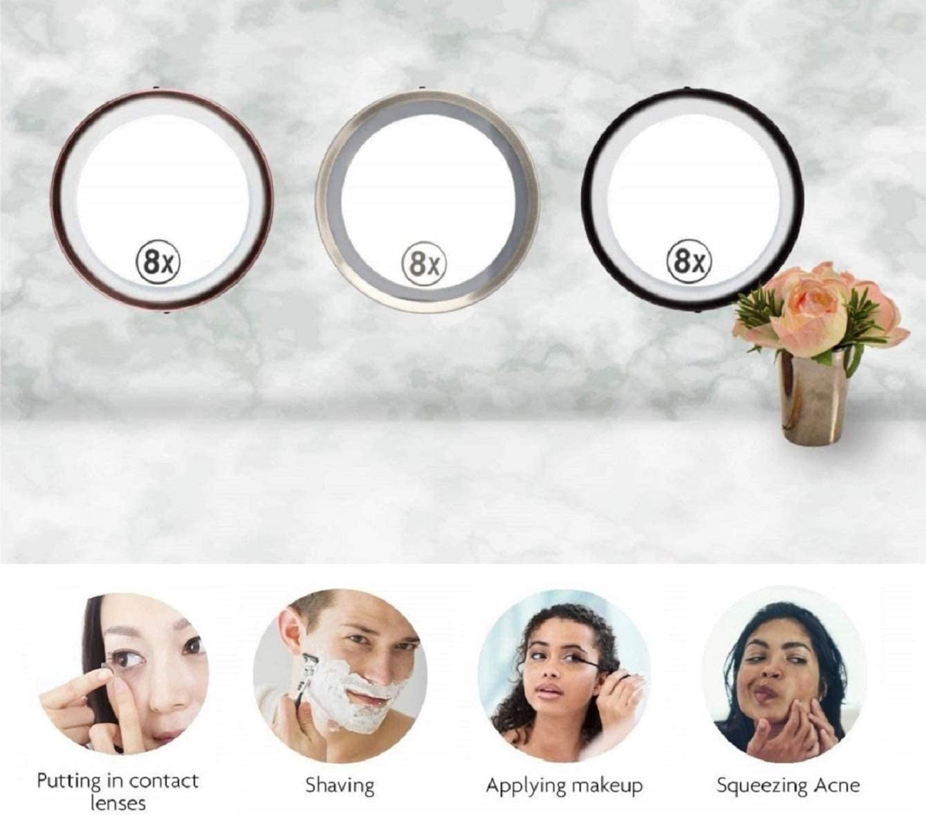 OVENTE 6'' Suction Cup Magnifying Mirror, LED Lighted Wall Mount Makeup 8X Magnifier, Antique Copper MLI25CO
