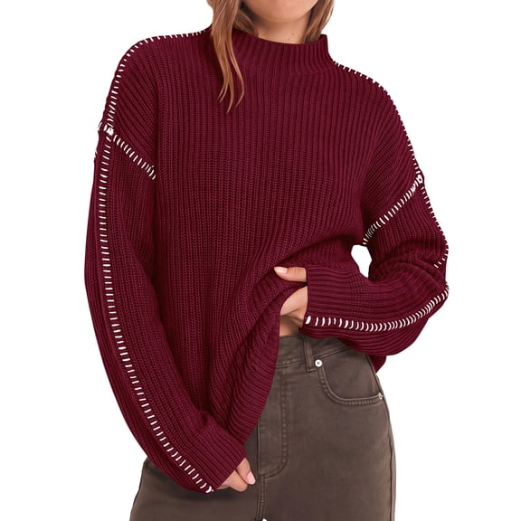 BTFBM Womens Oversized Sweaters Contrast Chunky Knit Sweater Loose Fit Mock Neck Long Sleeve Tops, Soft Cozy Knitwear, Fall Fashion, Casual Winter Clothing, Daily Going Out Outfits