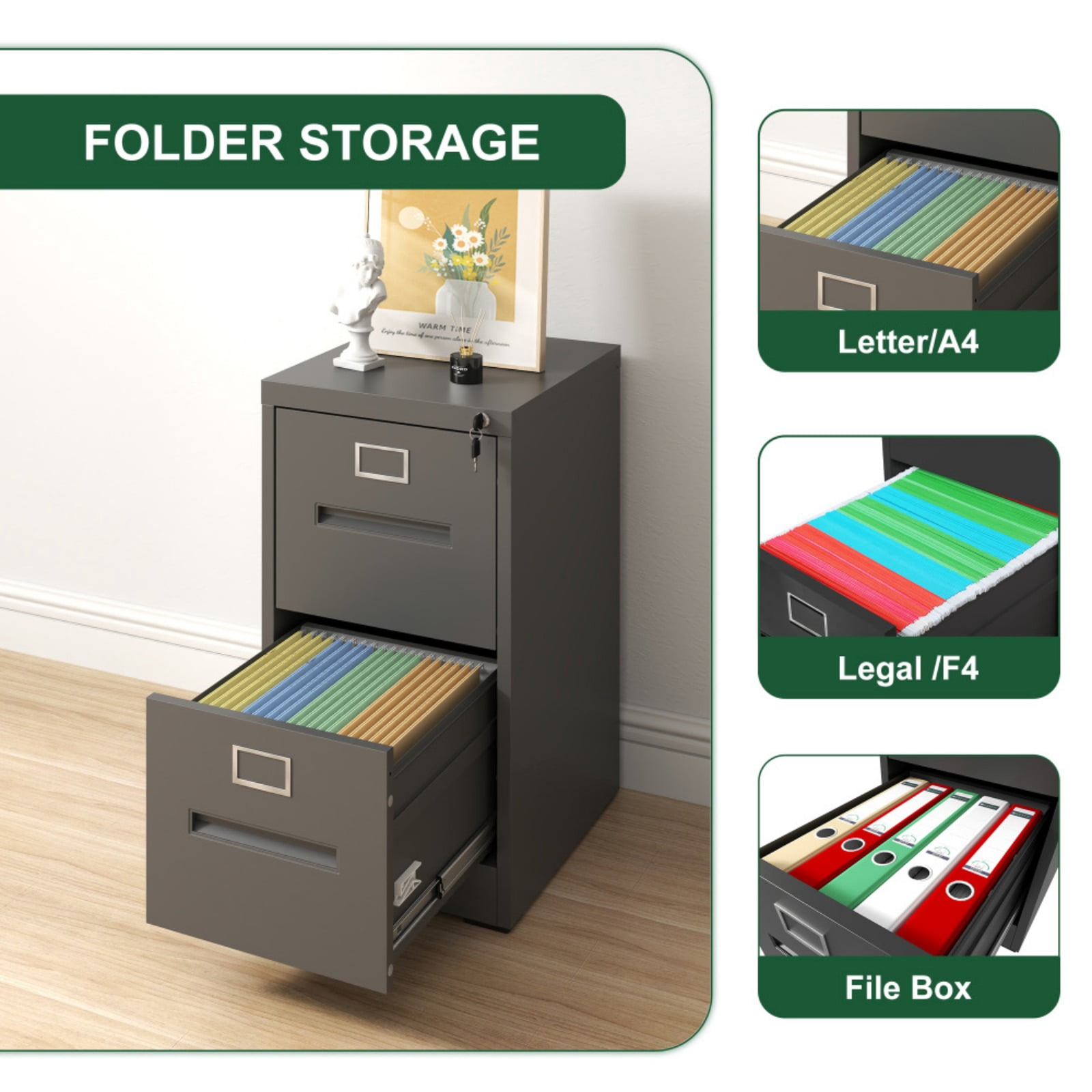 2 Drawer Lateral File Cabinet with Lock, Metal Lateral Filing Cabinet for Home Office, Steel Wide Horizontal Filing Cabinets for Letter/Legal/A4/F4 Hanging Files (Black)