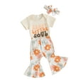 thumbnail image 2 of Elippeo Baby Girls Pants Outfits 3 6 12 18 Months Letter Print Short Sleeve Romper with Flower Pattern Flare Trousers and Heaband Set, 2 of 10