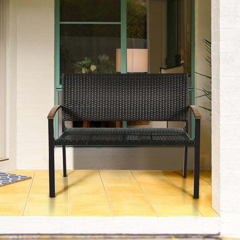 Patiojoy Patio Furniture Weather Resistant Rattan Bench Wicker Loveseat Steel frame for Yard Garden Poolside