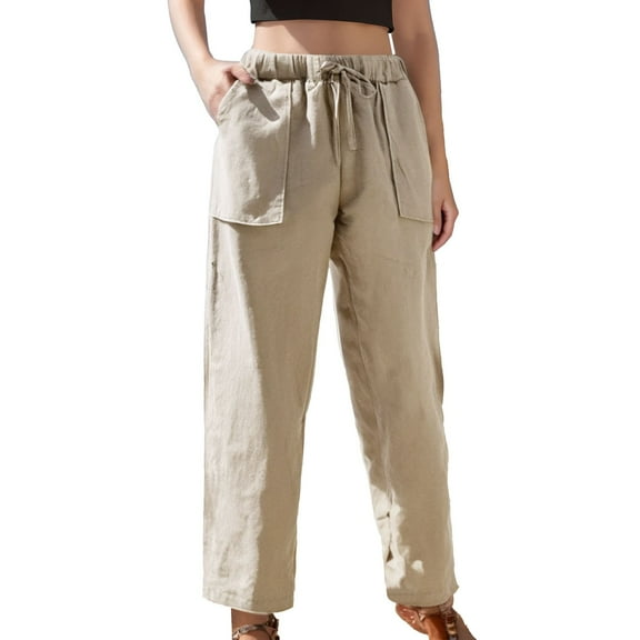 QHFBli Womens Linen Cropped Wide Leg Pants Elastic Waist Casual Palazzo Trousers with Pockets
