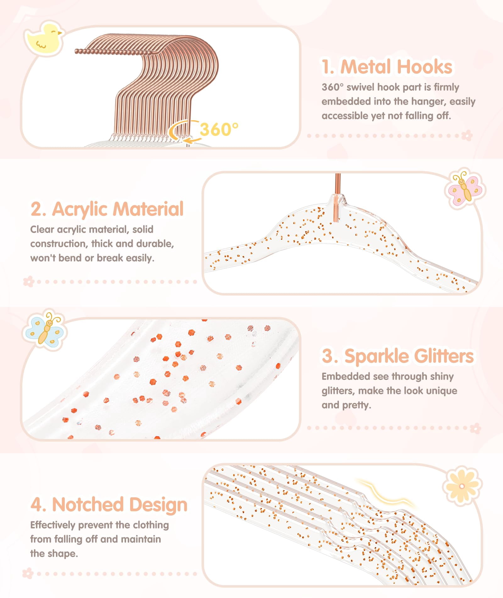 11 Inch Pink Glitter Clothes Hangers For Closet Organization
