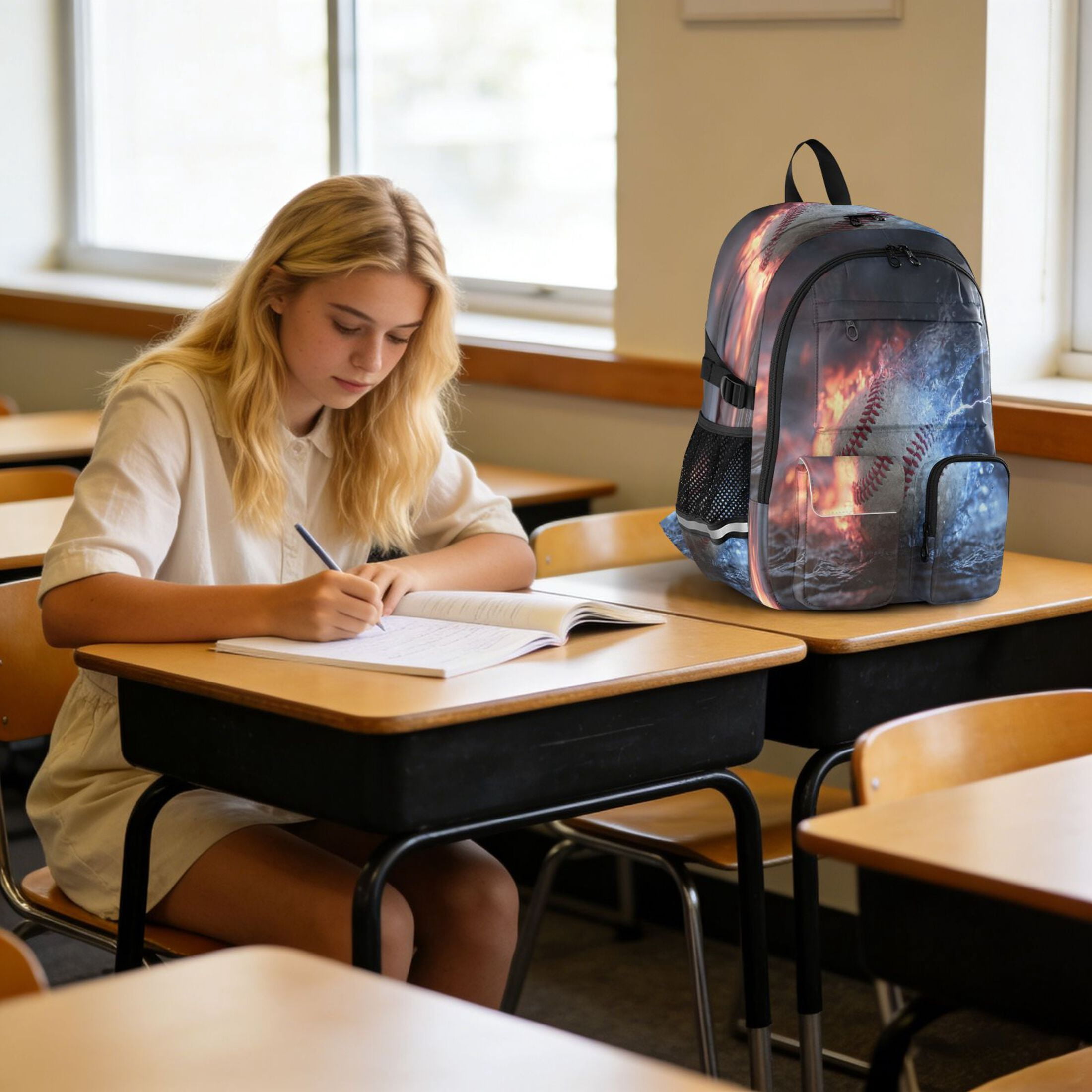 30L Backpack Durable Computer Bag for College & Travel Lightweight Daypack Fits 15.6" Laptop Baseball with Water and Fire