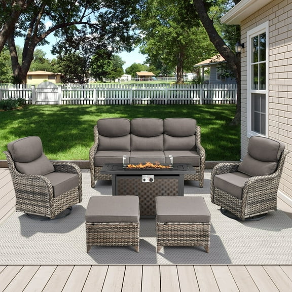 POCASSY All Weather Wicker Patio Furniture Set 6 Pieces, 6-INCH Extra Thick Cushion Outdoor Patio Firepit Set with Patio Sofa, Swivel Glider Chair, Ottoman, 43" Fire Pit Table, Gray/Gray