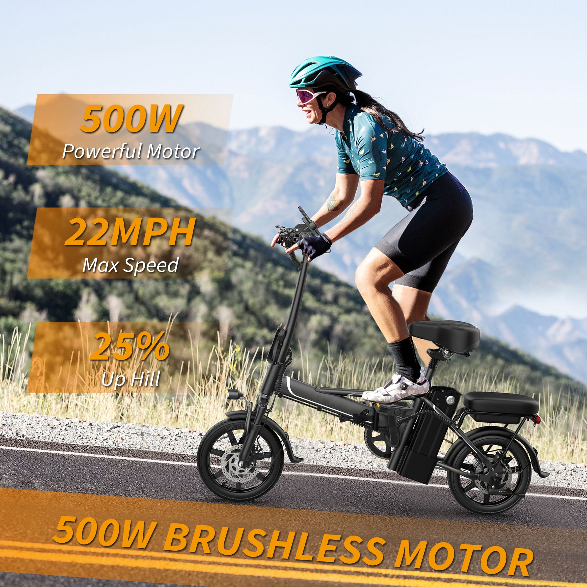 PORORO DC60 Folding Electric Bike, 14" E-Bikes for Adults, 500W Electric Commuter Bicycle 48V 10.4 Ah Removable Battery, Max Speed 20Mph, White