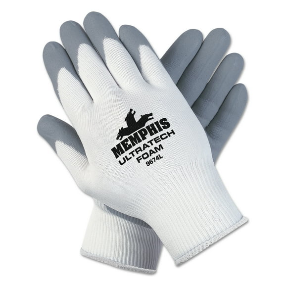 MCR Safety Ultra Tech Foam Seamless Nylon Knit Gloves, Large, White/Gray, 12 Pair/Dozen -CRW9674L