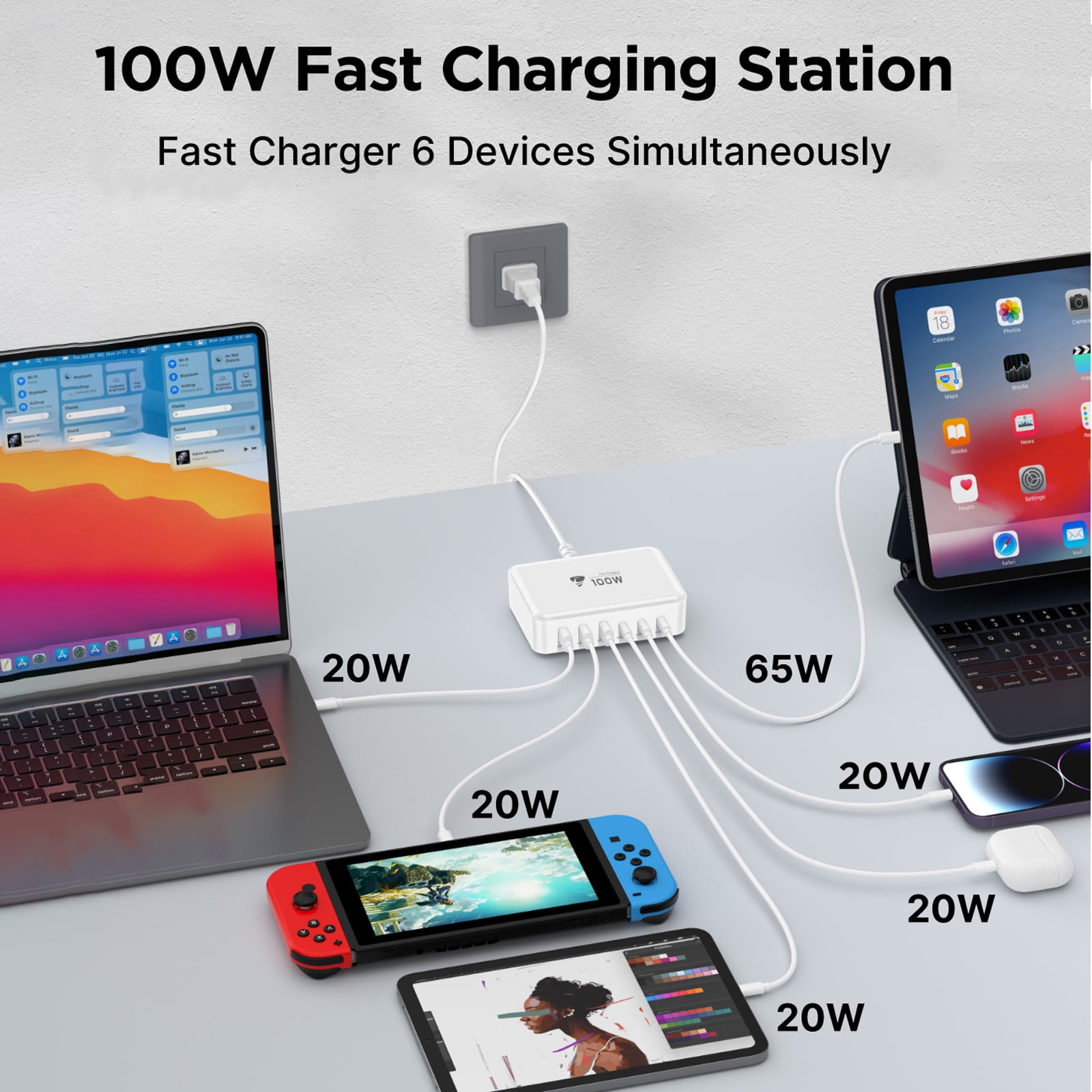 Aioneus Multi USB C Charger Block GaN 100W 6 Ports Fast Charging Station Power Adapter Compatible with Laptop Macbook iPhone iPad, White