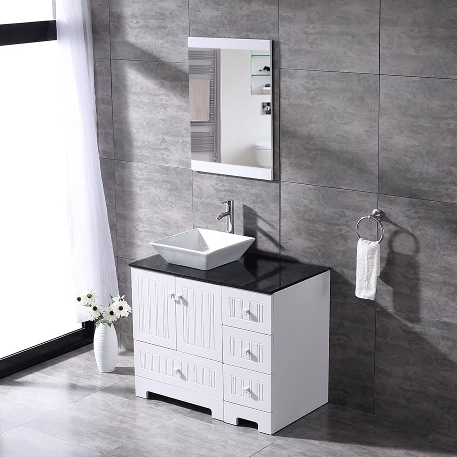 White Wood Bathroom Vanity Cabinet, 36 Inch Vanity Combo