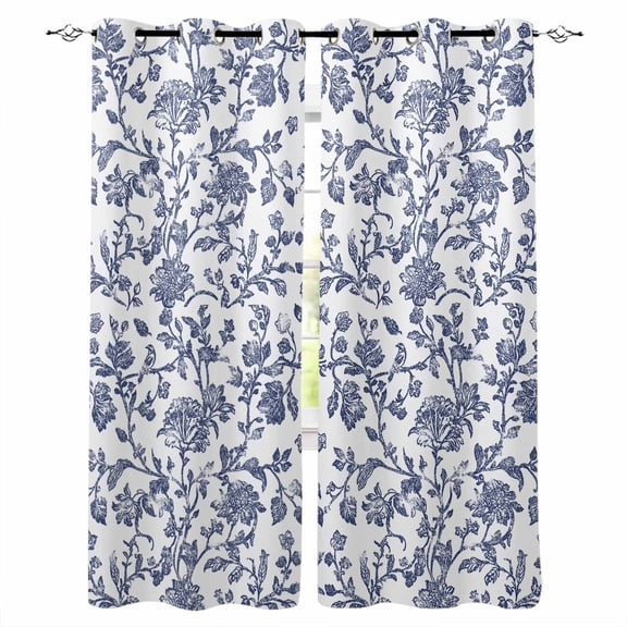 Blue Flower Blackout Curtains 54 Inches Long for Bedroom, Spring Leaf Vintage Farmhouse Boho Plant Thermal Insulated Room Darkening Black Out Window Curtain Panels Grommet Drapes for Living Room