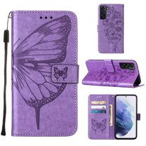 PU Leather Wallet Case for Samsung Galaxy S22 Plus, Butterfly Flower Pattern Soft TPU Wrist Strap Shockproof Flip Cover with Card Slots Magnetic Clasp Stand Bracket Folio Phone Case,Lightpurple