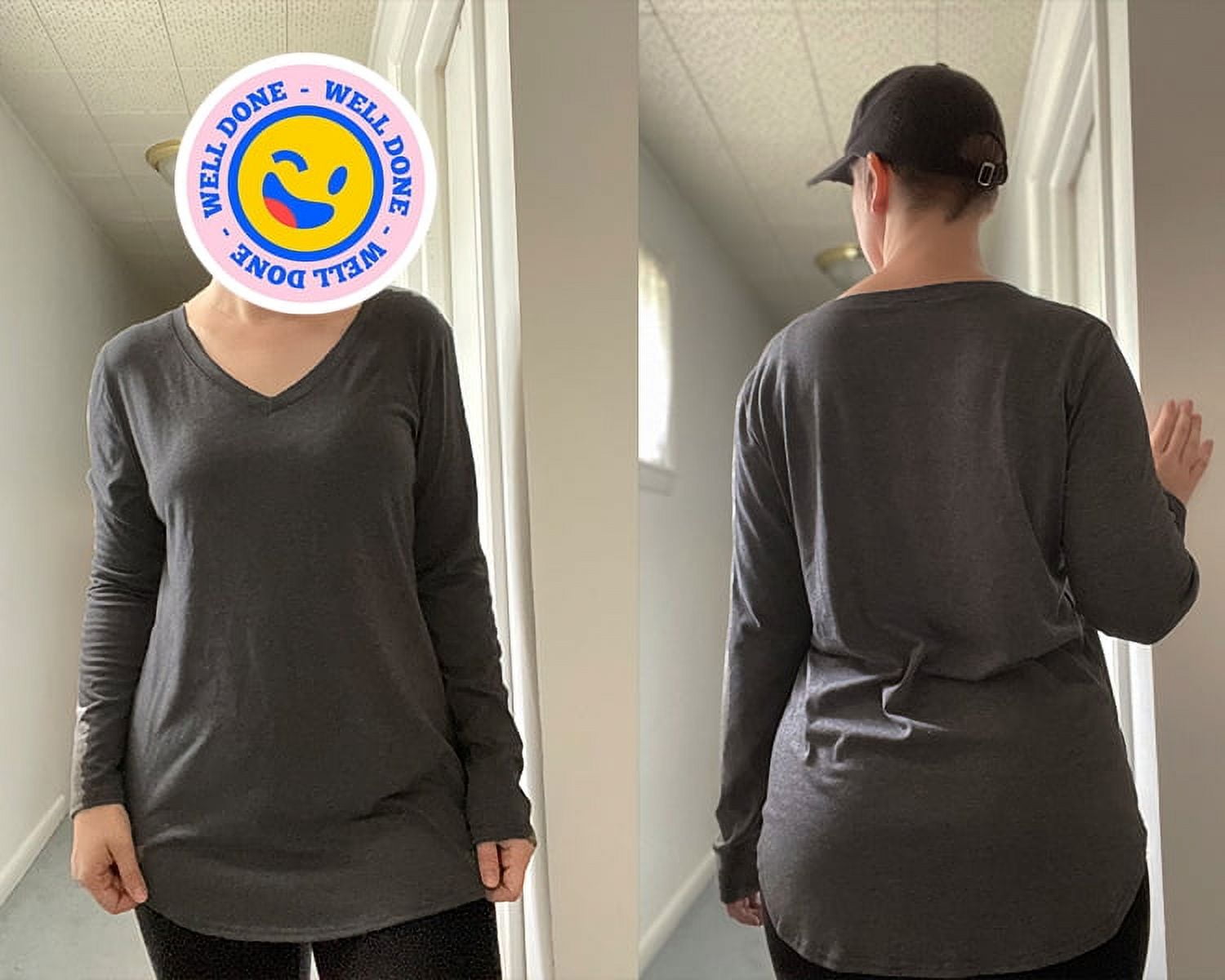 Women Plus Size Casual V Neck Grey Tiered Long-sleeve Tee