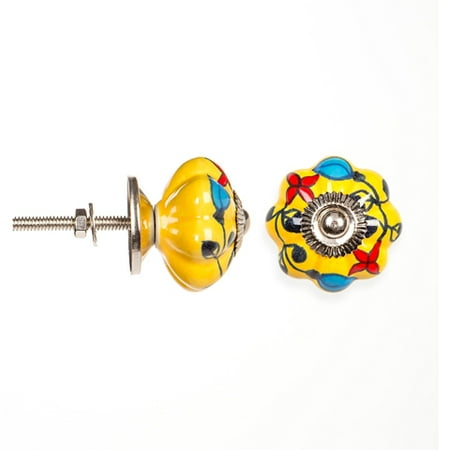 Fancy Double Leaf Knob - Decorative Knob - Fancy Ceramic - Solid Yellow and Bright Blooms